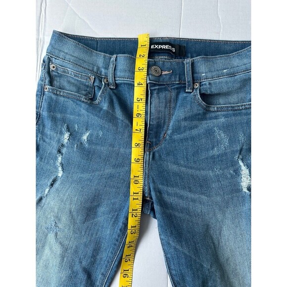 Express Jeans Womens 8R Barely Boot Mid Rise Distressed Blue Denim Stretch - Picture 7 of 8